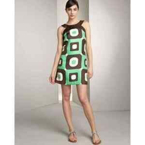 Milly New York Silk Green Brown Geometric Silk Print Shift Mini Dress